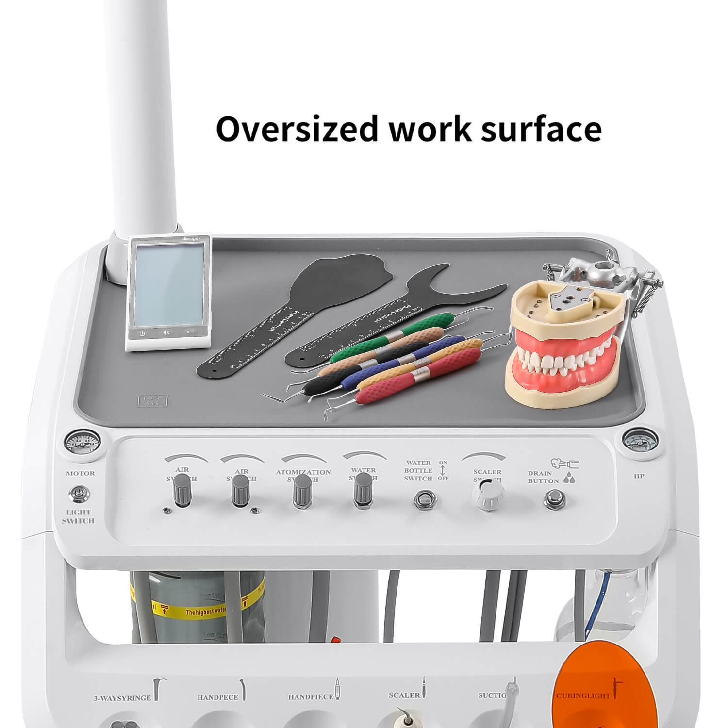 Portable Mobile Dental Cart with T6 LED Lamp & Integrated Compressor 4-Hole Built-in Woodpecker Scaler & Curing Light - pairaydental.com