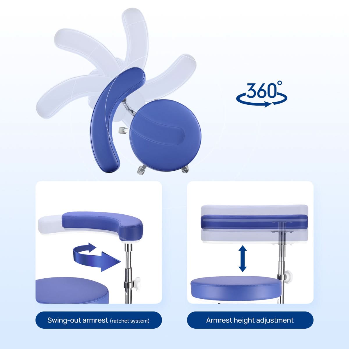 Dental Assistant Stool Chair Armrest Height Adjustable 360° Rotated Blue - pairaydental.com