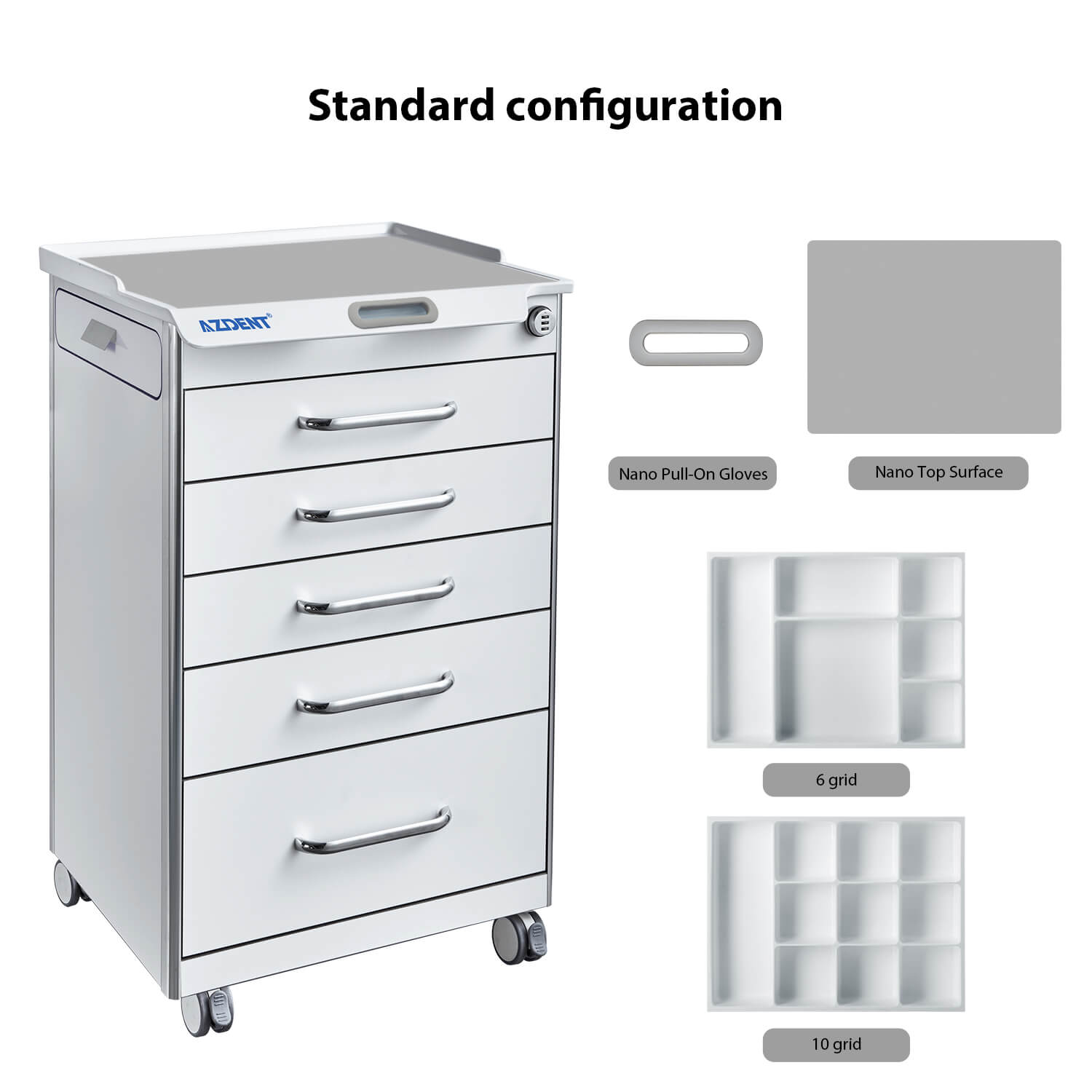Dental Mobile Cabinet Cart with Hidden Side Auxiliary Drawer Power Socket 5 Drawers - pairaydental.com