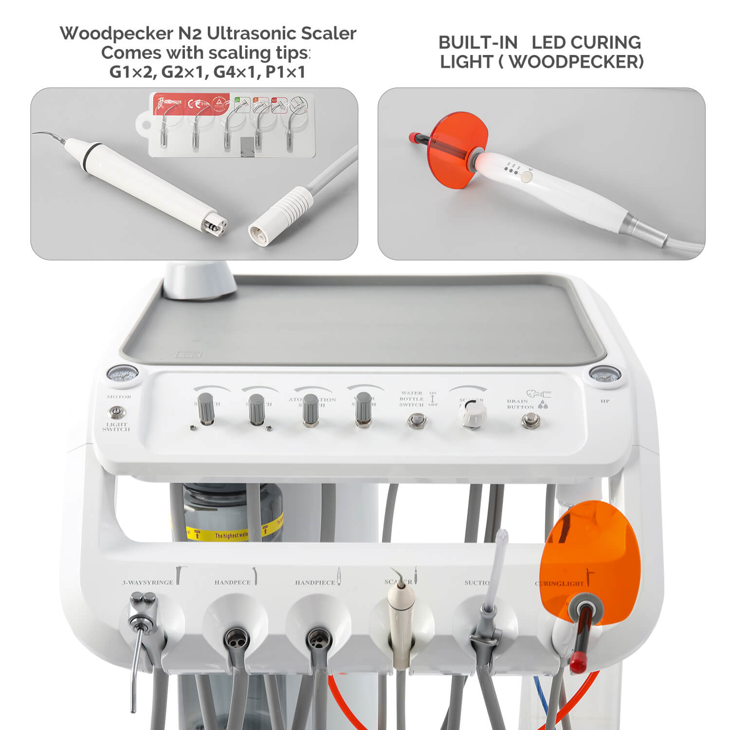 Portable Mobile Dental Cart with T6 LED Lamp & Integrated Compressor 4-Hole Built-in Woodpecker Scaler & Curing Light - pairaydental.com