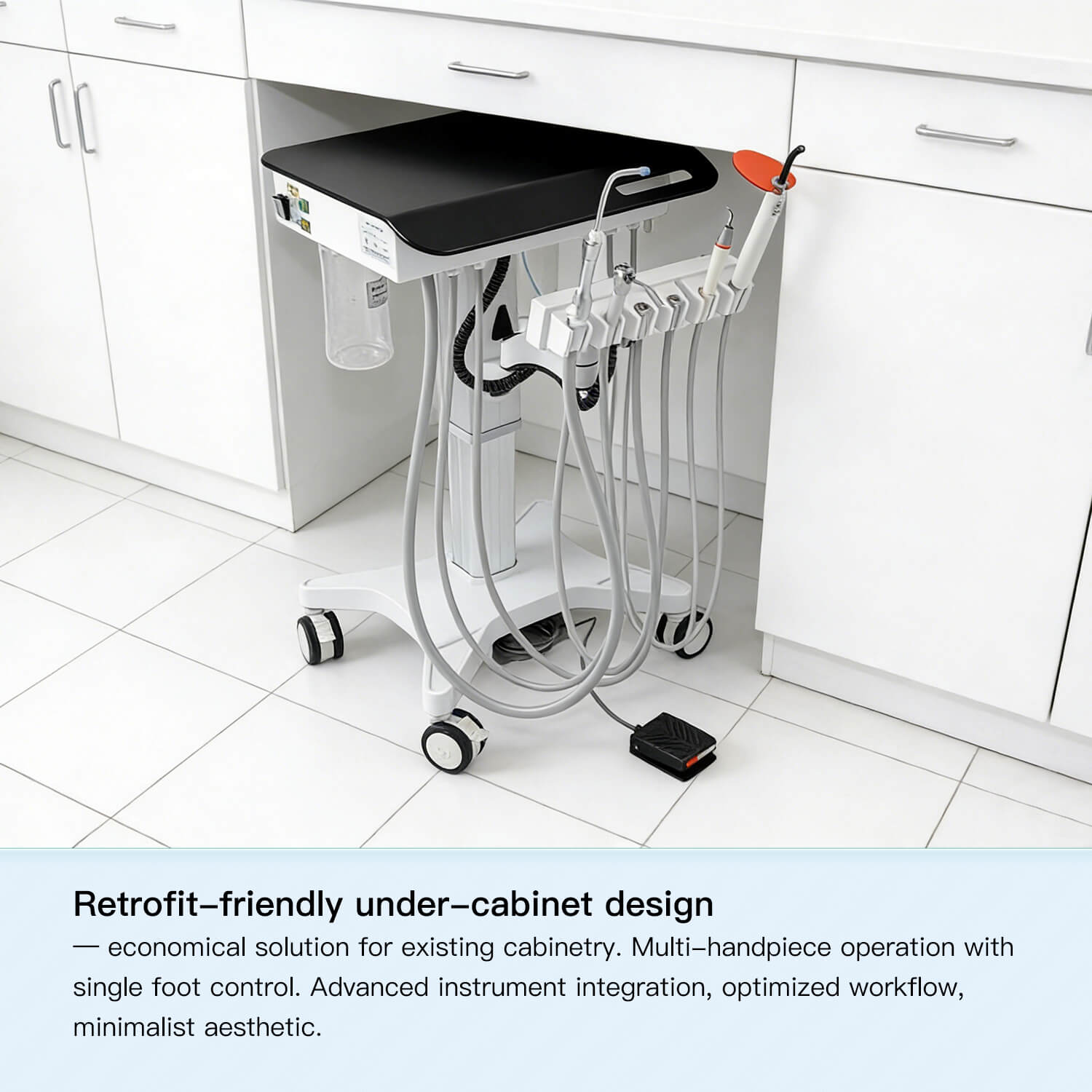 Dental Delivery Unit Mobile Cart 4 Hole Integrated Scaler & Curing Light Adjustable Height Electric Lifting - pairaydental.com
