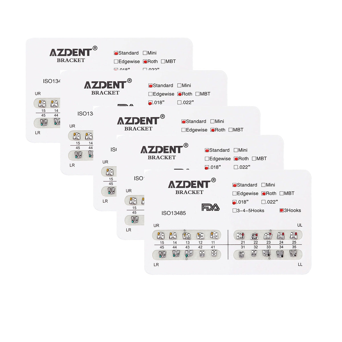 Orthodontic Standard Metal Brackets Roth/MBT/Edgewise 0.018/0.022 Hooks 3/3-4-5 20pcs/Pack