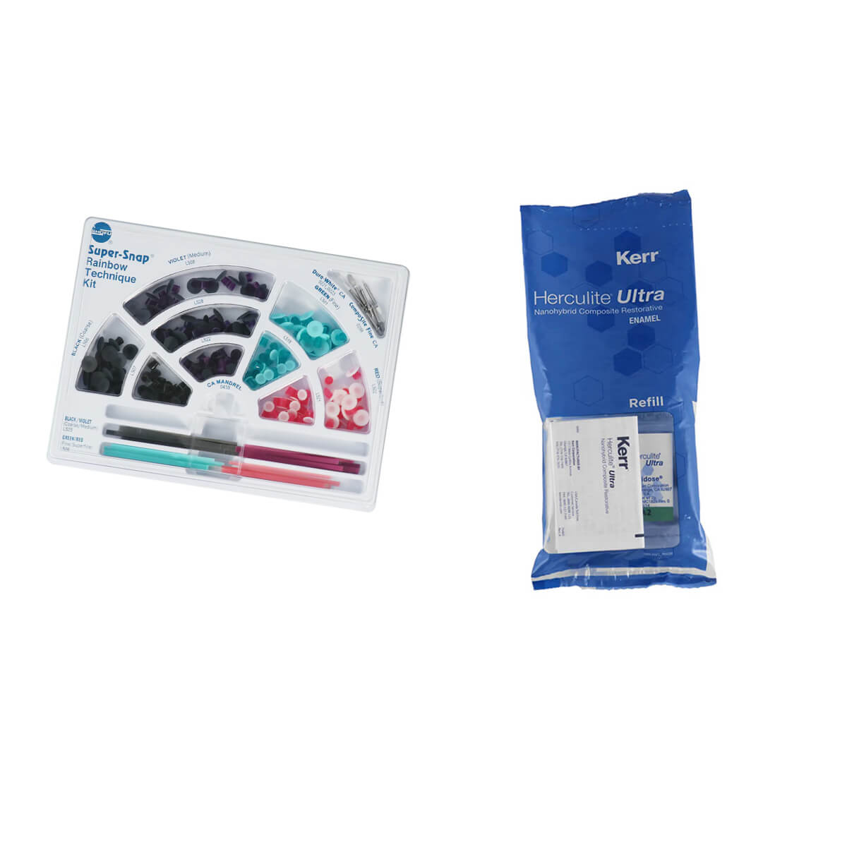 Kerr Herculite Ultra Unidose Refills Universal Nanohybrid Composite A1 + Shofu Super Snap Rainbow Technique Kit - pairaydental.com