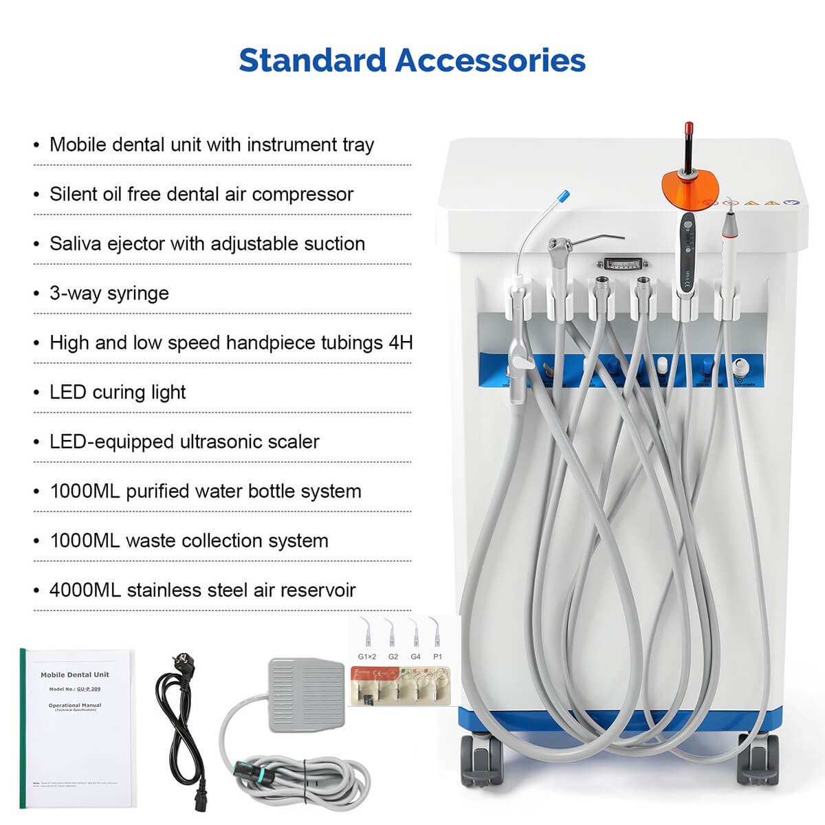 Dental Mobile Delivery Cart Unit 4 Holes with Curing Light and Scaler Handpiece - pairaydental.com