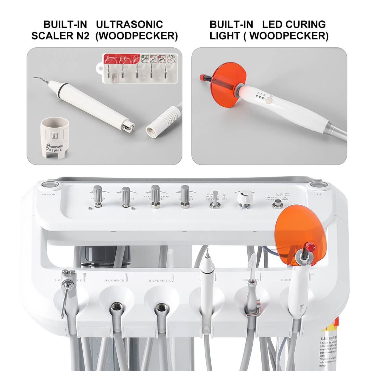 Dental Portable Delivery Unit Cart with Air Compressor Built-in Woodpecker Ultrasonic Scaler & Curing Light - pairaydental.com