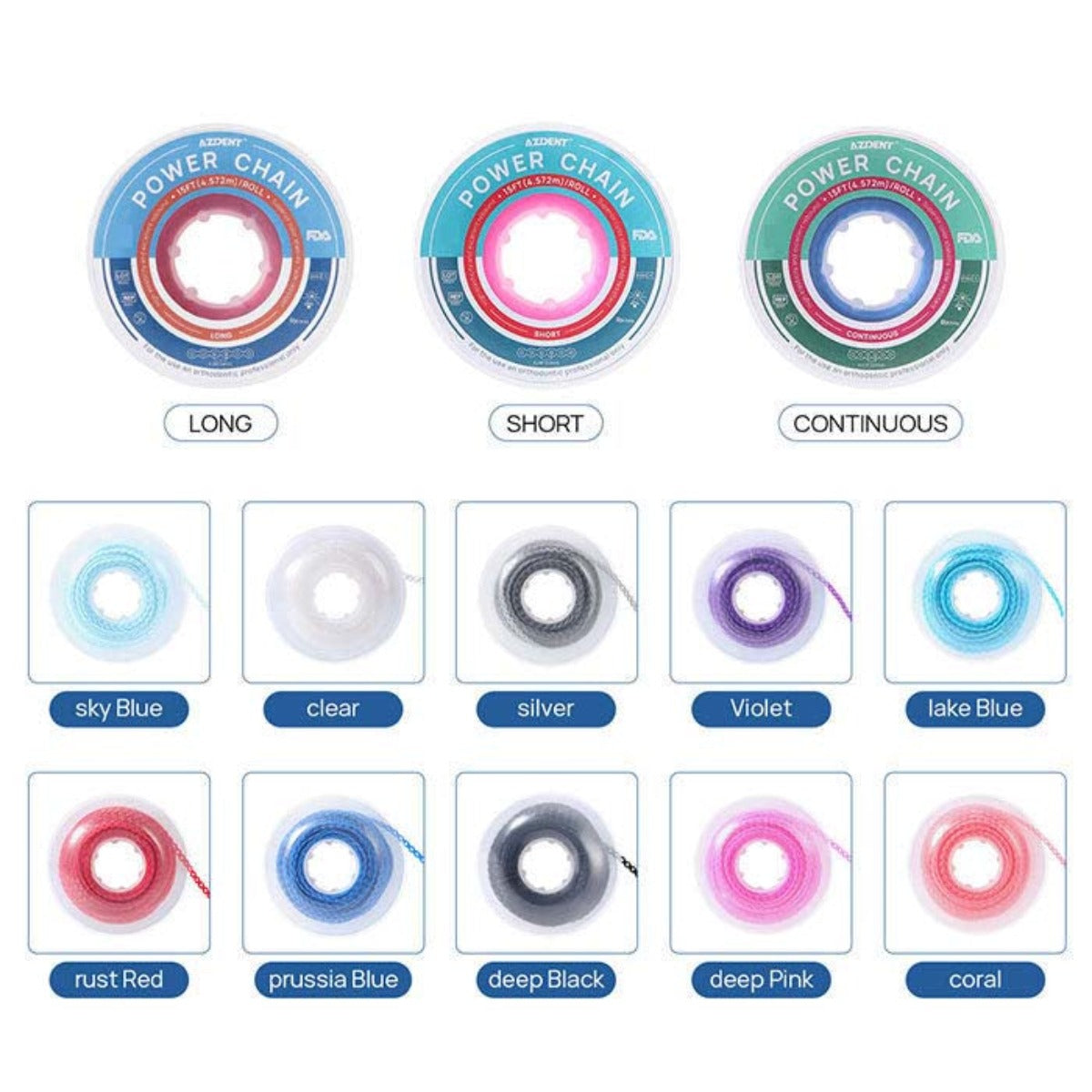 Orthodontic Elastic Power Chains 10 Colors 15 ft/Roll - pairaydental.com