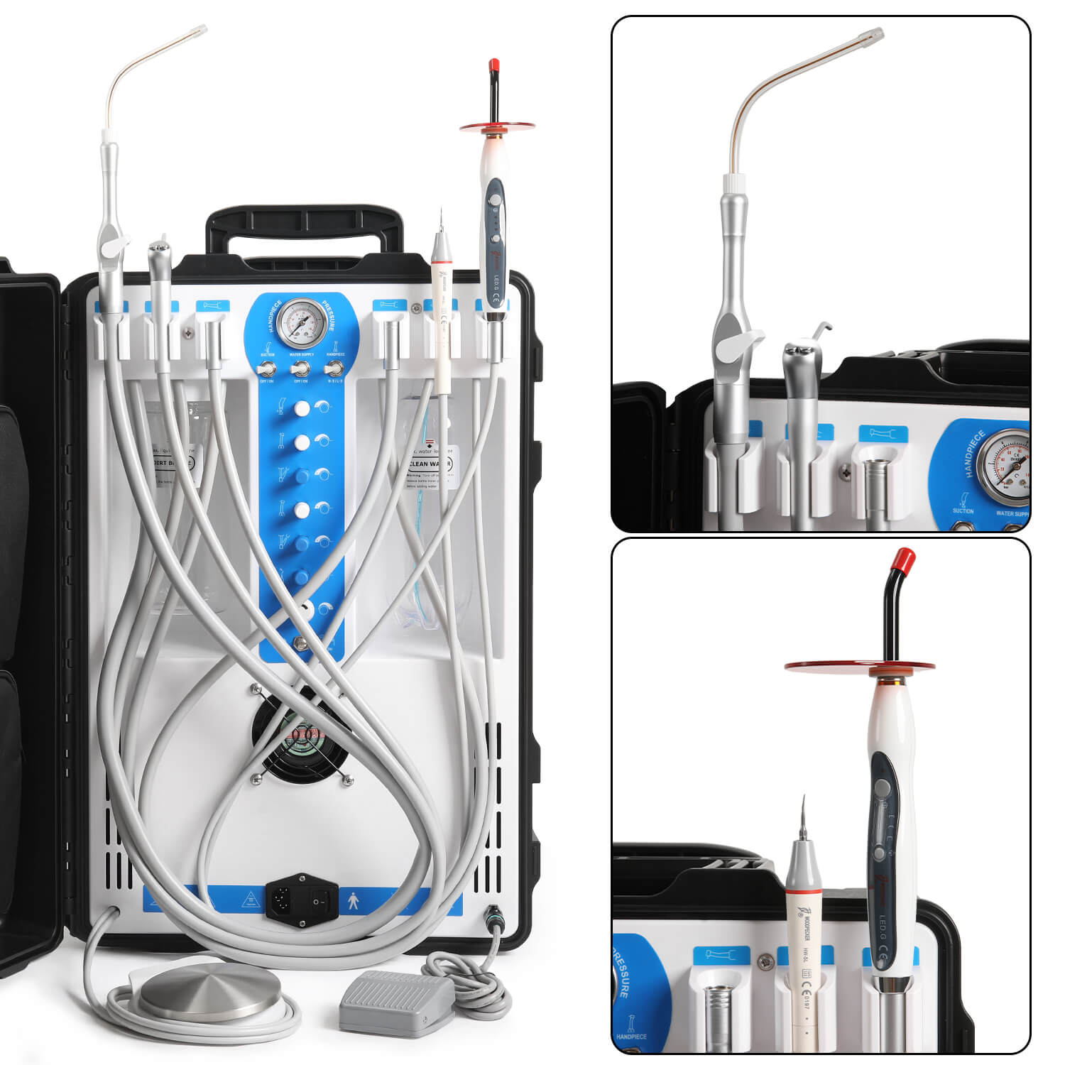 Portable Dental Unit High Suction w/ Woodpecker Curing Light & Scaler Built-in Air Compressor 4 Holes P206S - pairaydental.com