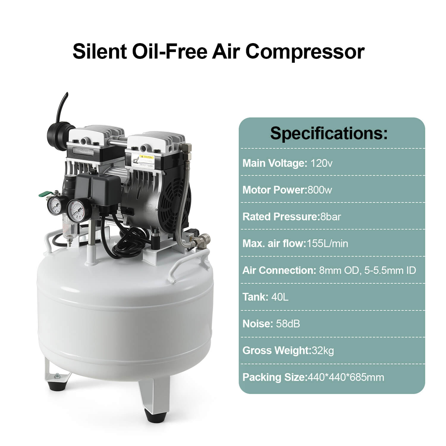 Dental Noiseless Oil-Free Air Compressor Plus Dual-Pressure Display 24L/40L for 1-2 Dental Chair - pairaydental.com