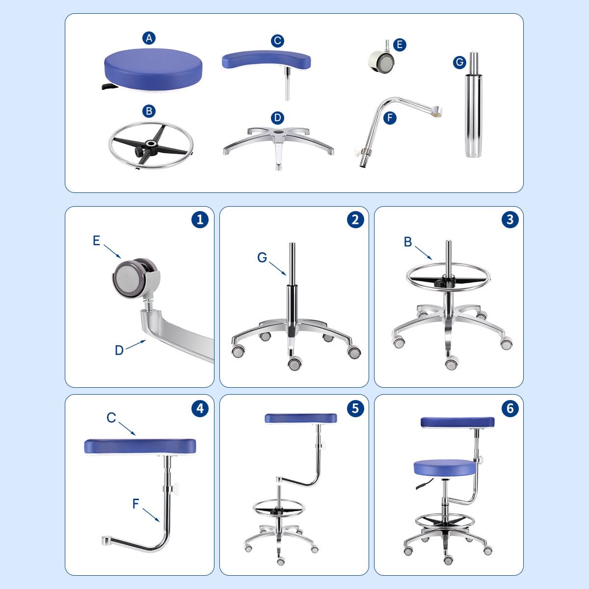 Dental Assistant Stool Chair Armrest Height Adjustable 360° Rotated Blue - pairaydental.com