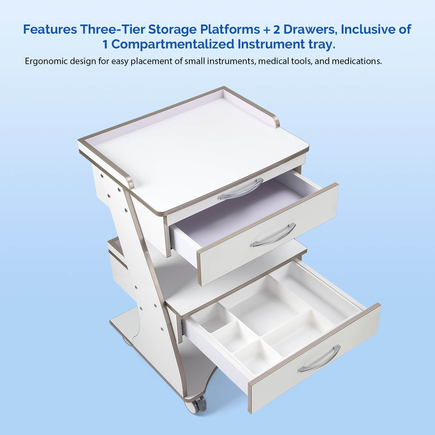 Dental  Mobile Rolling Cart Trolley Built-in Socket Three-Tier Cart 2 Drawers - pairaydental.com