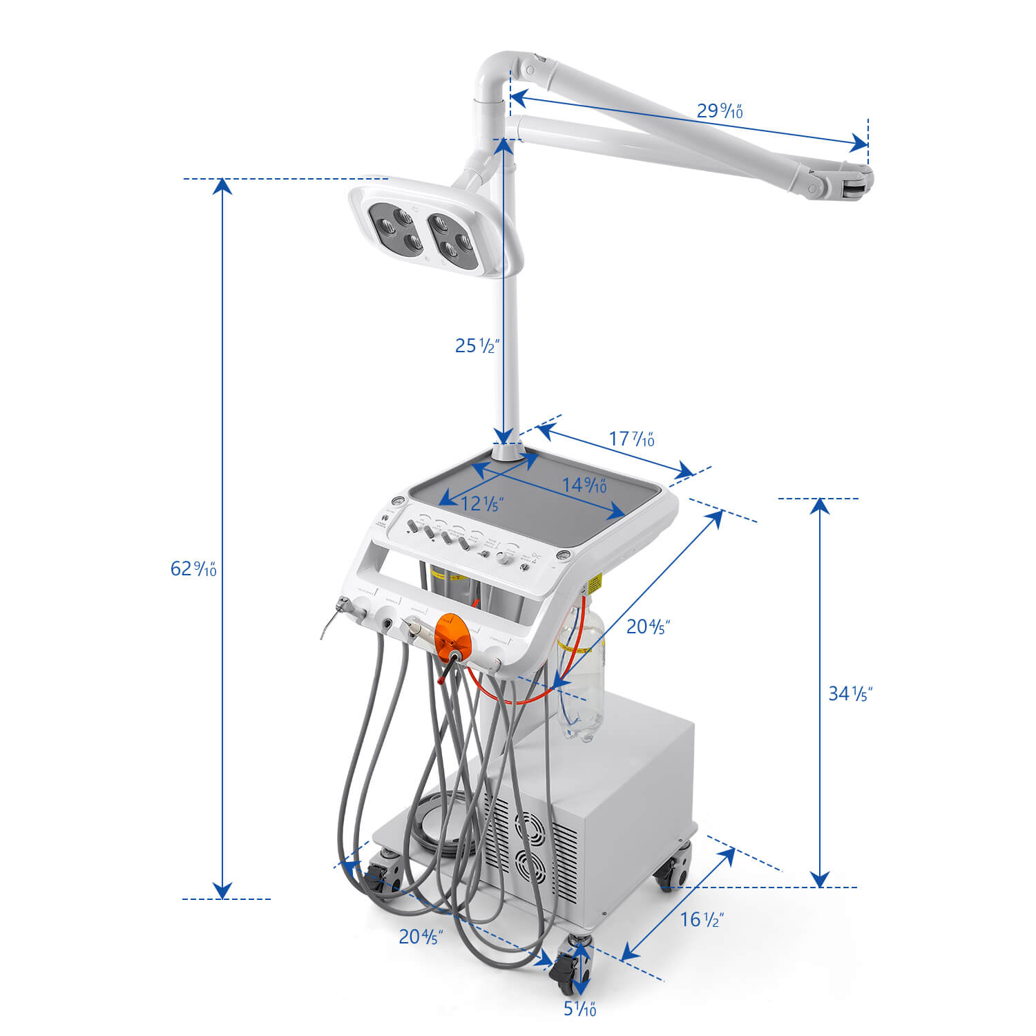 Portable Mobile Dental Cart with T6 LED Lamp & Integrated Compressor 4-Hole Built-in Woodpecker Scaler & Curing Light - pairaydental.com