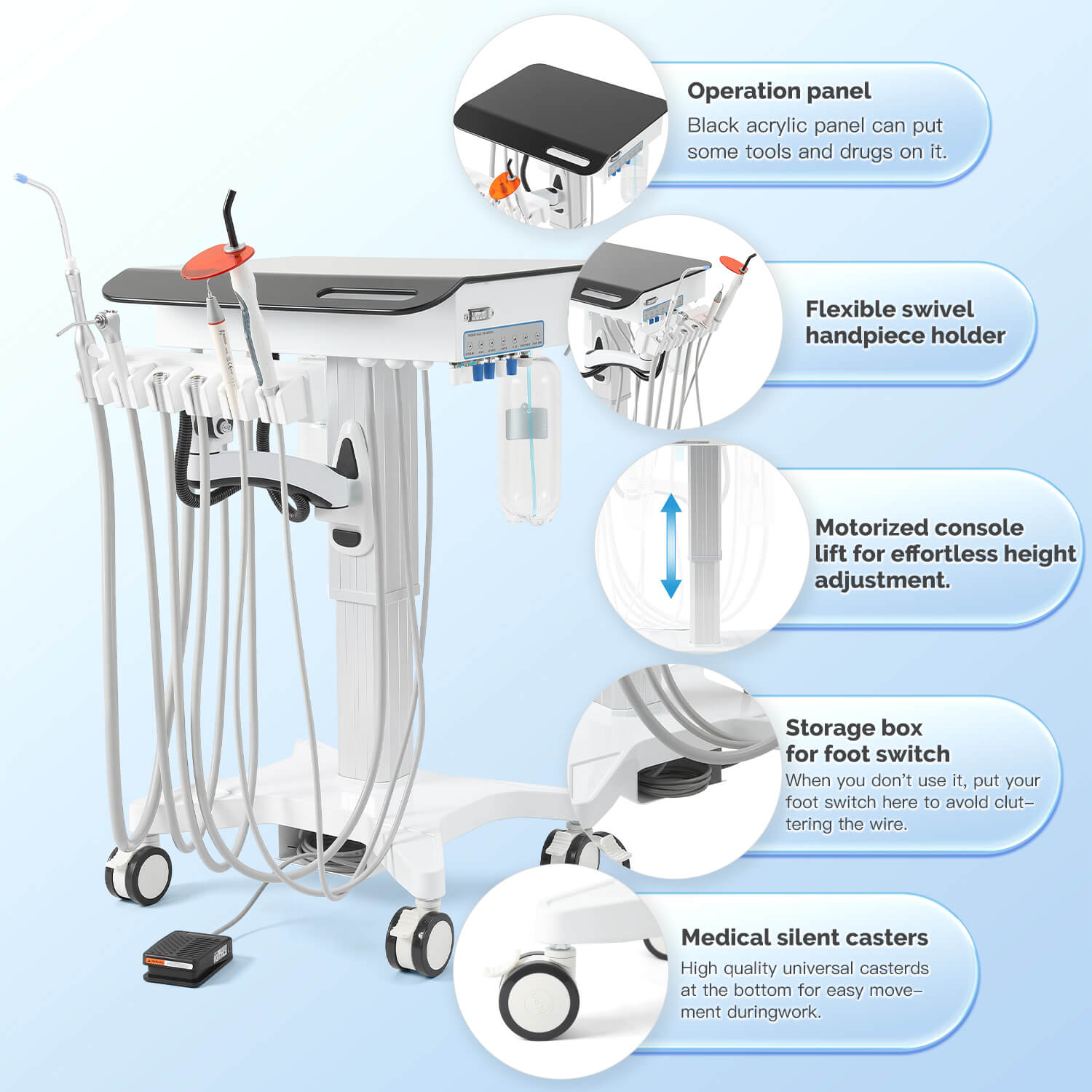 Dental Delivery Unit Mobile Cart 4 Hole Integrated Scaler & Curing Light Adjustable Height Electric Lifting - pairaydental.com