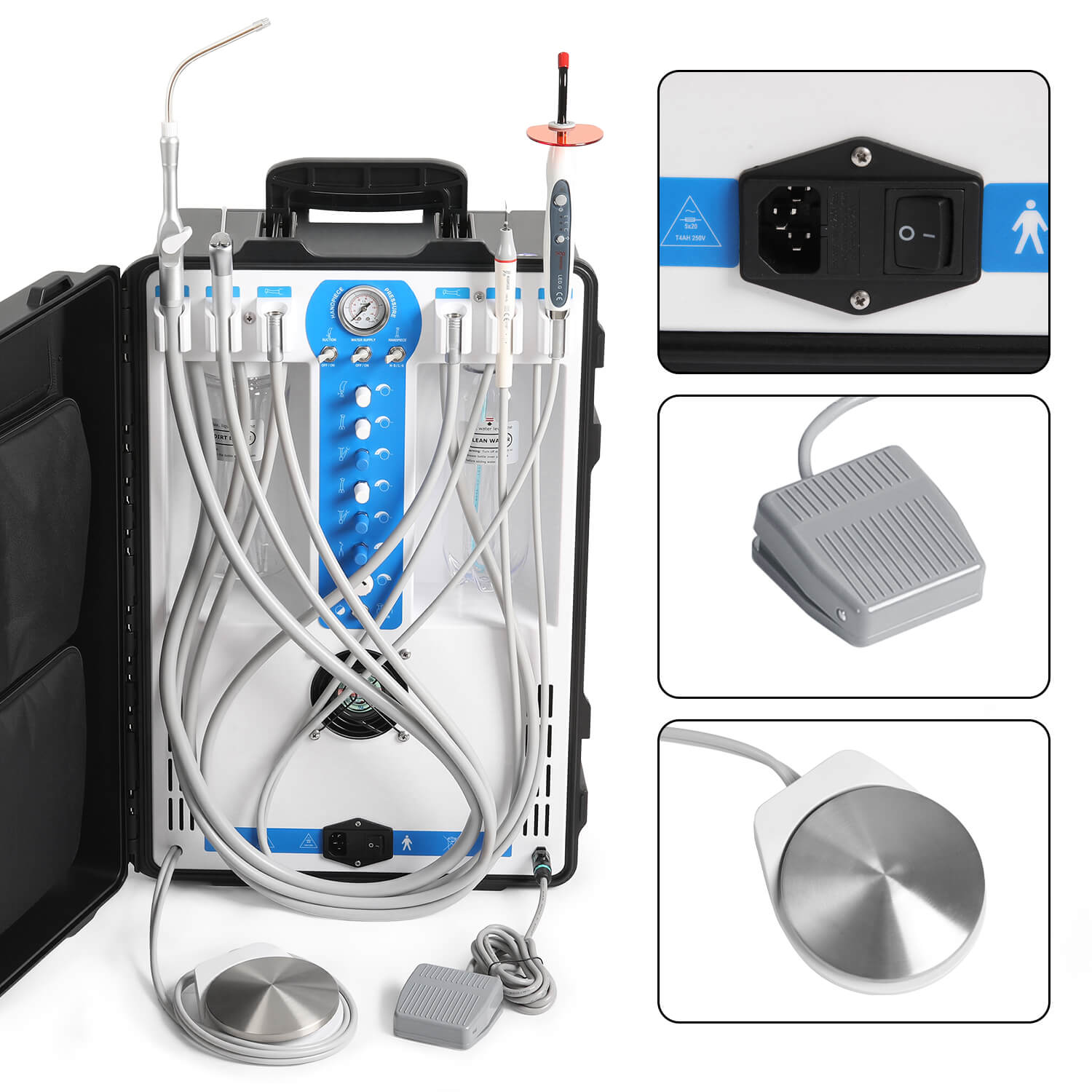 Portable Dental Unit High Suction w/ Woodpecker Curing Light & Scaler Built-in Air Compressor 4 Holes P206S - pairaydental.com