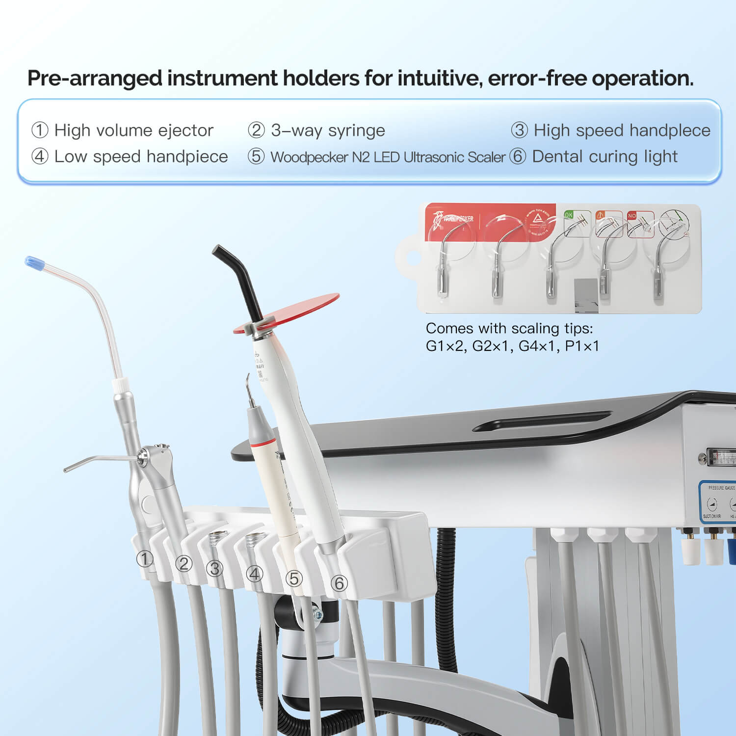 Dental Delivery Unit Mobile Cart 4 Hole Integrated Scaler & Curing Light Adjustable Height Electric Lifting - pairaydental.com