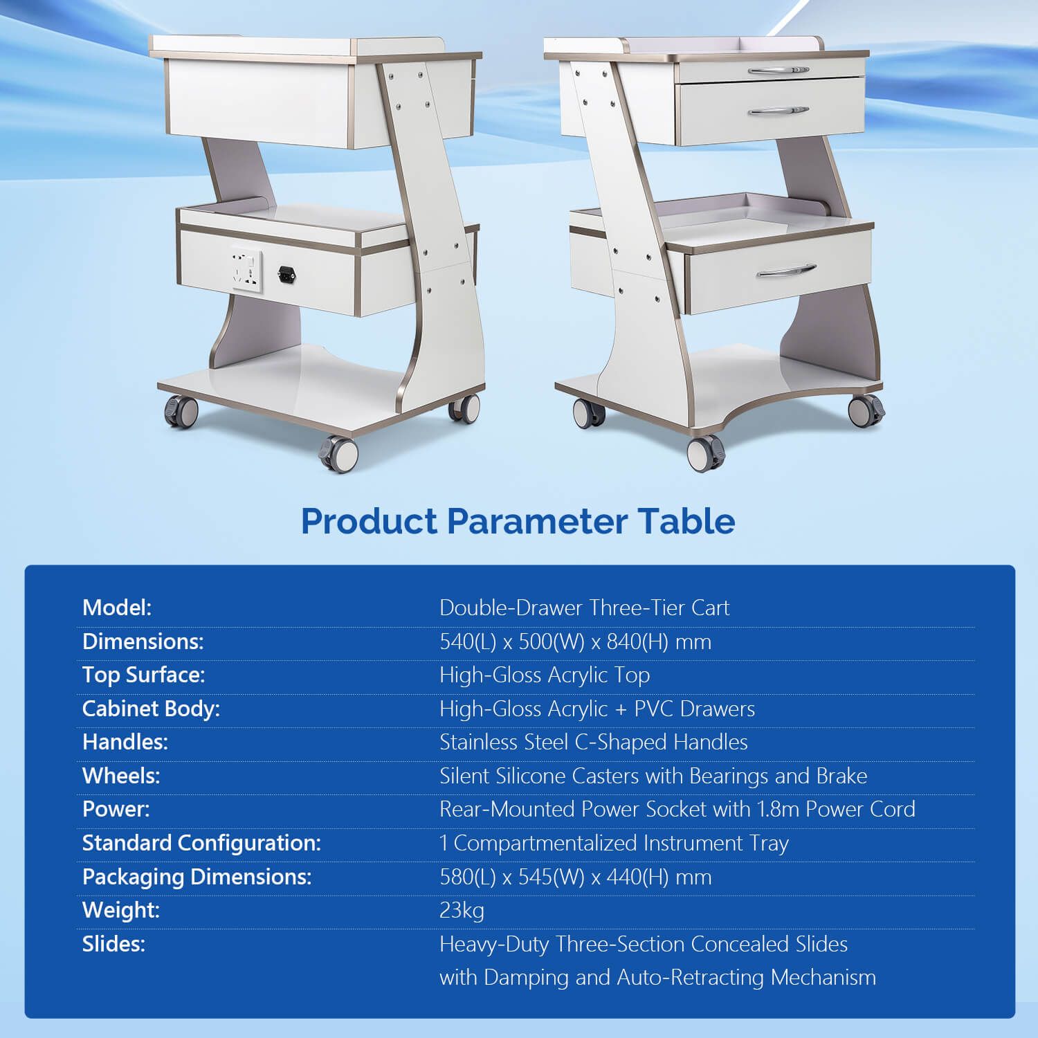 Dental  Mobile Rolling Cart Trolley Built-in Socket Three-Tier Cart 2 Drawers - pairaydental.com