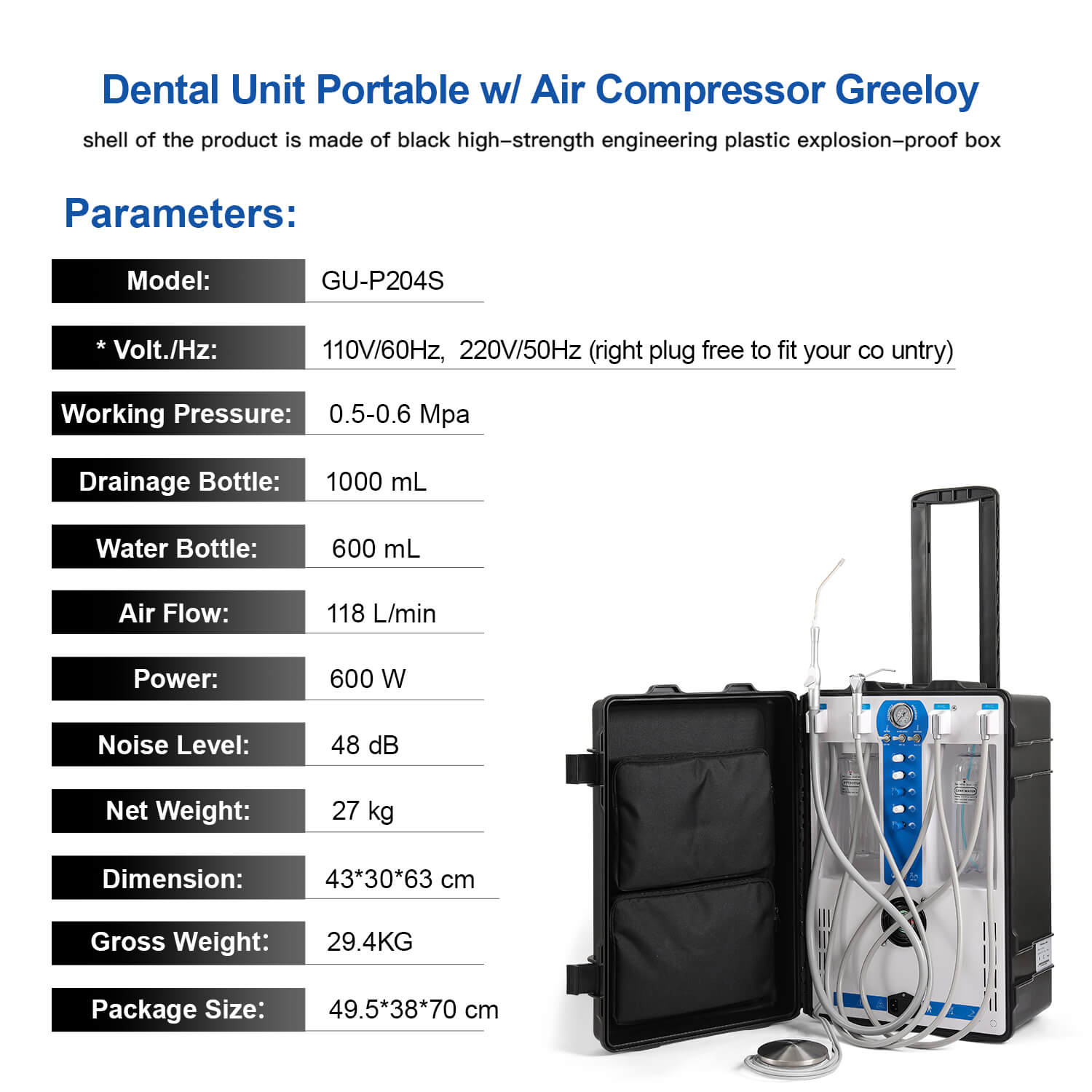 Portable Dental Delivery Unit 4 Holes High Suction Built-in Air Compressor P204S - pairaydental.com