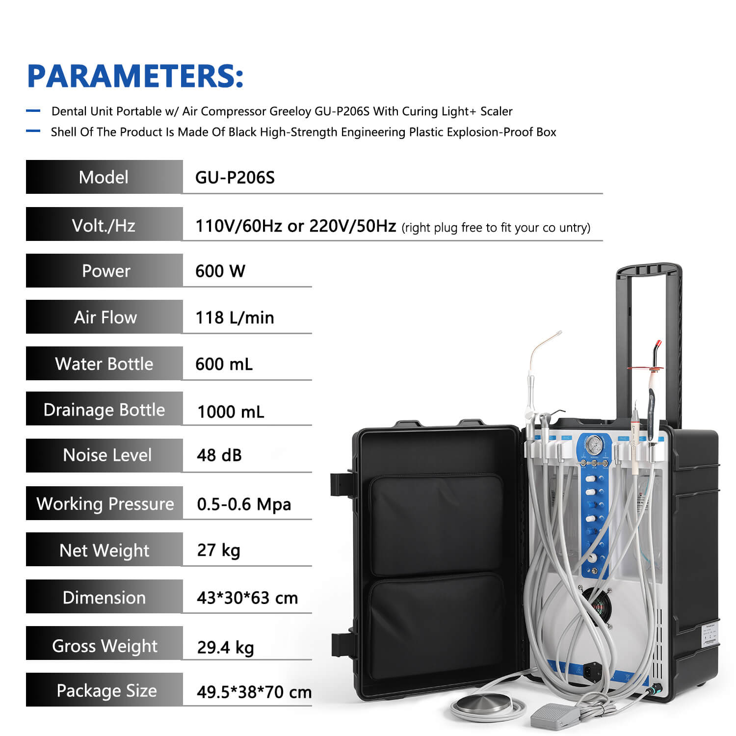 Portable Dental Unit High Suction w/ Woodpecker Curing Light & Scaler Built-in Air Compressor 4 Holes P206S - pairaydental.com