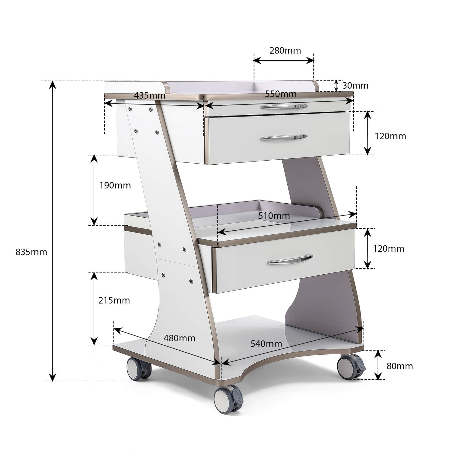 Dental  Mobile Rolling Cart Trolley Built-in Socket Three-Tier Cart 2 Drawers - pairaydental.com