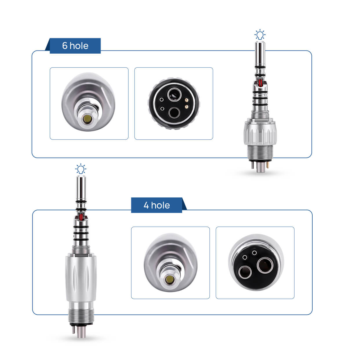 LED Fiber Optic 45° High Speed Handpiece Titanium Mini Head Four Water Spray Push Button & 4/6 Holes Quick Coupler- pairaydental.com