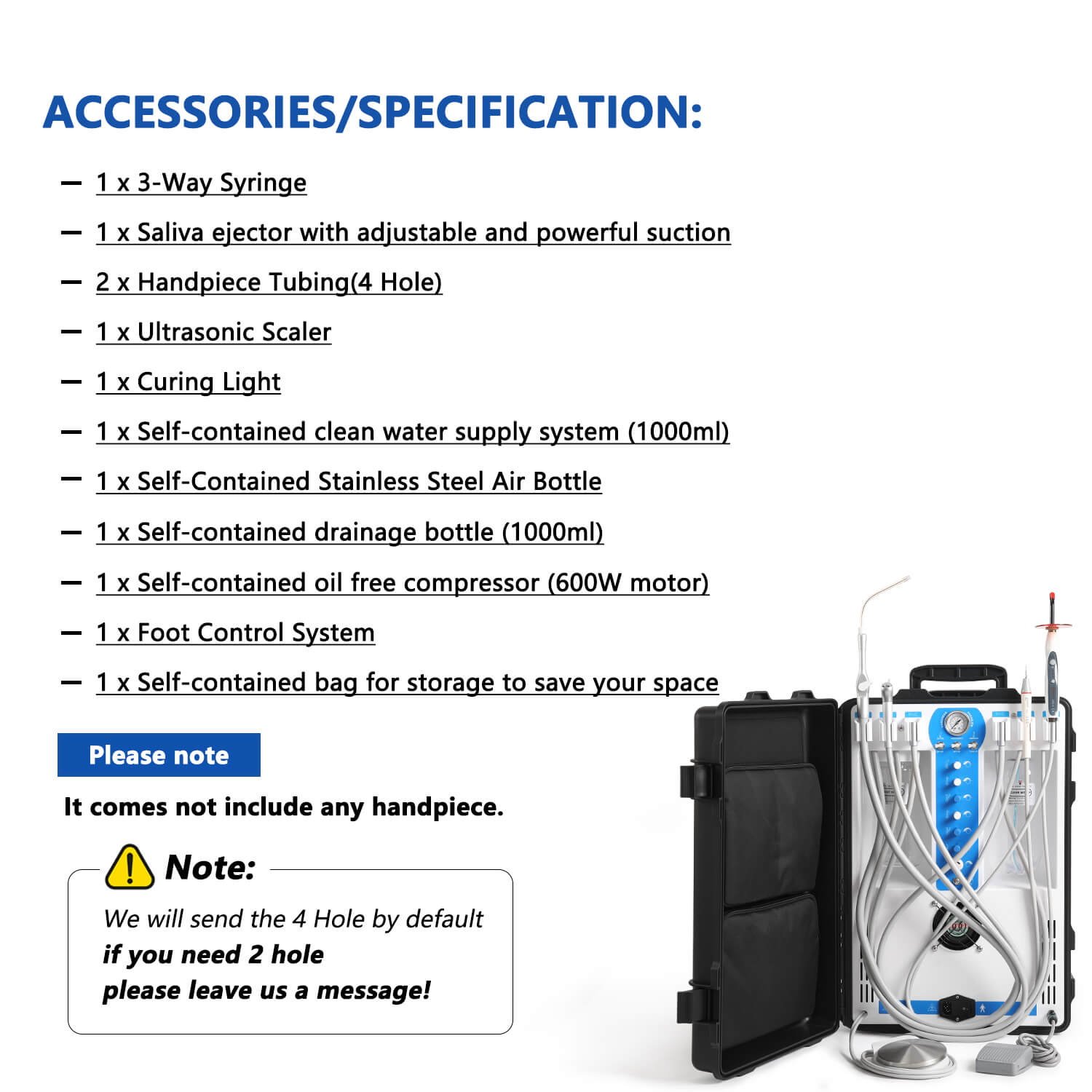 Portable Dental Unit High Suction w/ Woodpecker Curing Light & Scaler Built-in Air Compressor 4 Holes P206S - pairaydental.com