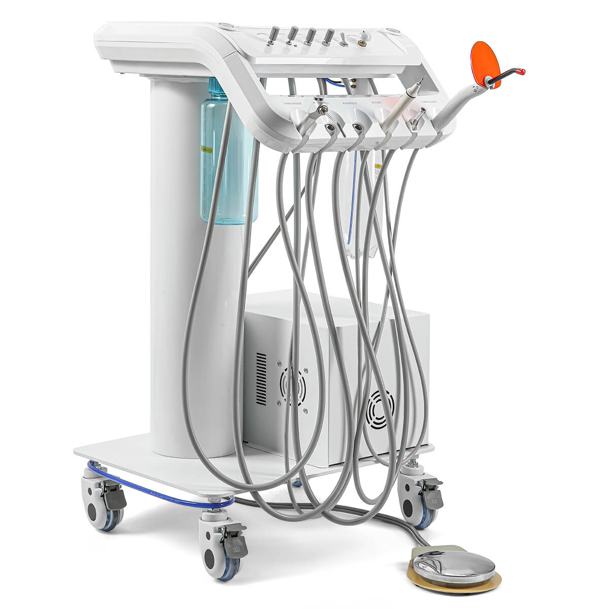 Dental Portable Delivery Unit Cart with Air Compressor Built-in Woodpecker Ultrasonic Scaler & Curing Light - pairaydental.com