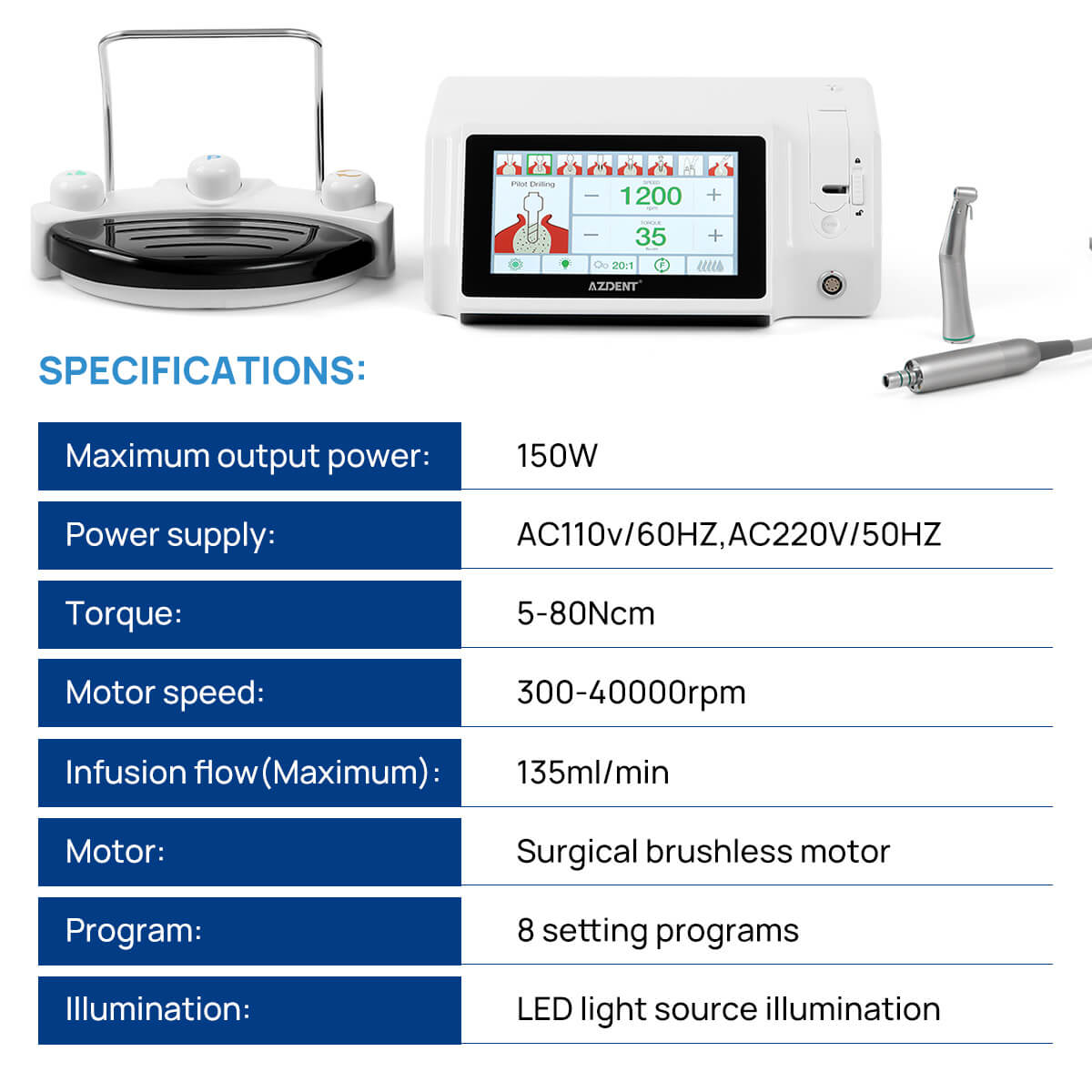 Dental Implant Surgical Brushless Motor Multi Function Color Touch Screen With 20:1 LED Contra Angle 80Ncm - pairaydental.com