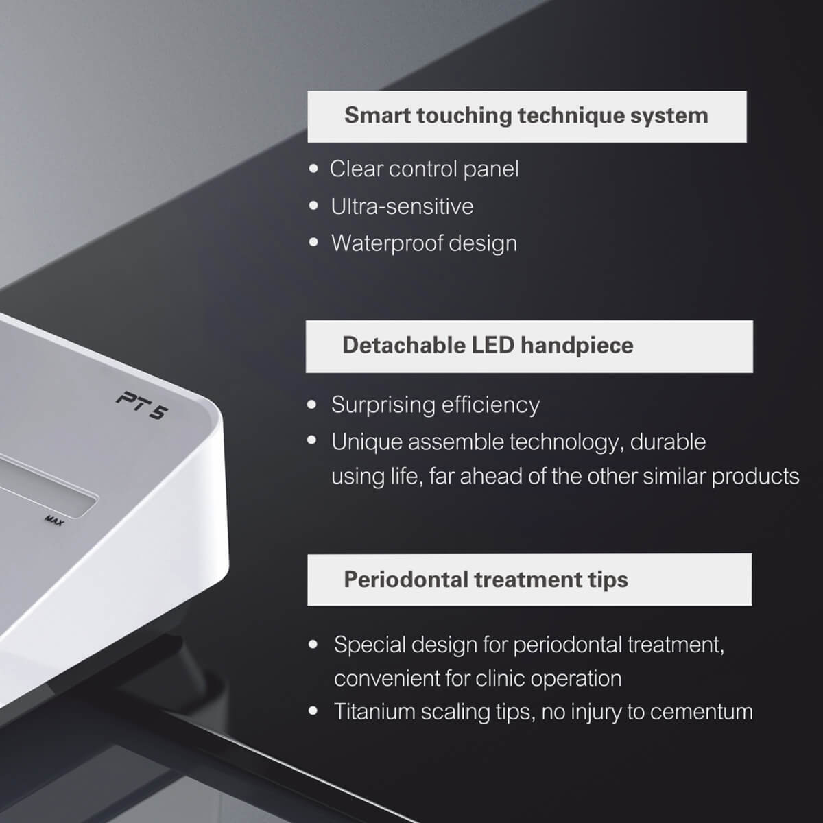 Woodpecker PT5 Painless Periodontal Treatment Device Ultrasonic Scaler Automatic Water Supply System with Titanium Tips - pairaydental.com
