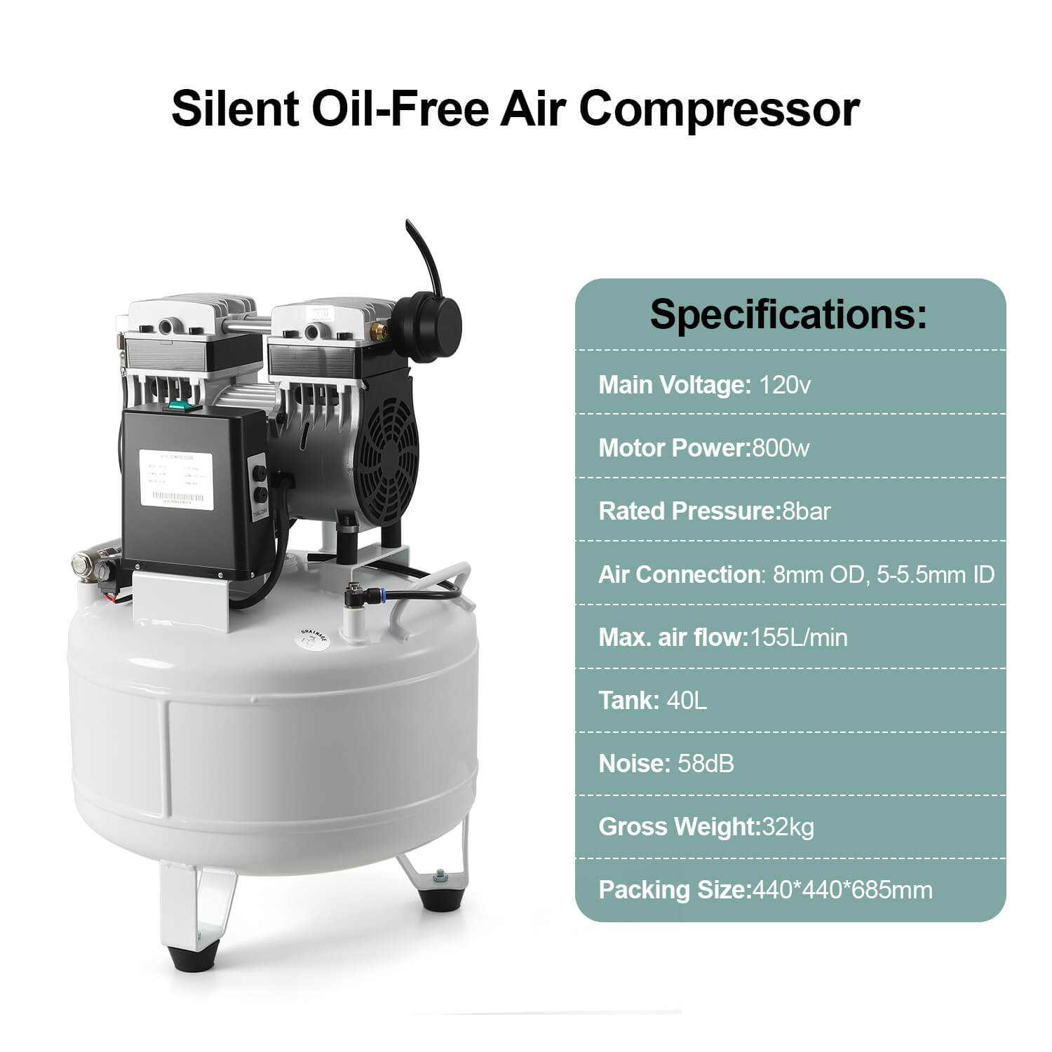 Dental Noiseless Oil-Free Air Compressor 24L/40L Single Pressure Gauge for 1-2 Dental Chair - pairaydental.com