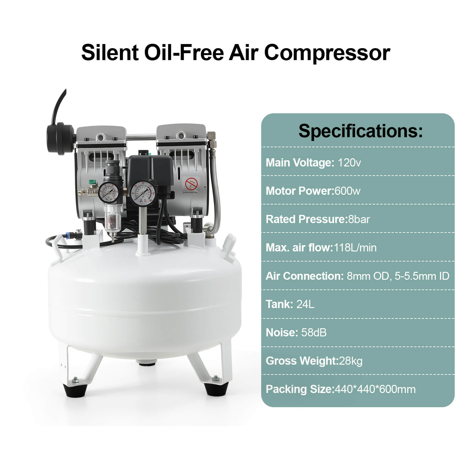 Dental Noiseless Oil-Free Air Compressor Plus Dual-Pressure Display 24L/40L for 1-2 Dental Chair - pairaydental.com