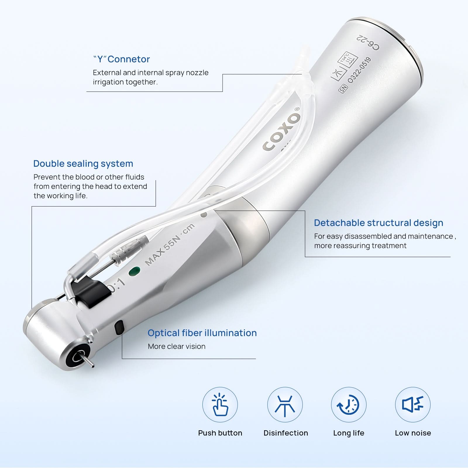 COXO CX235C6 Dental 20:1 Contra Angle Electric Implant Handpiece Fiber Optic #C6-22 - pairaydental.com
