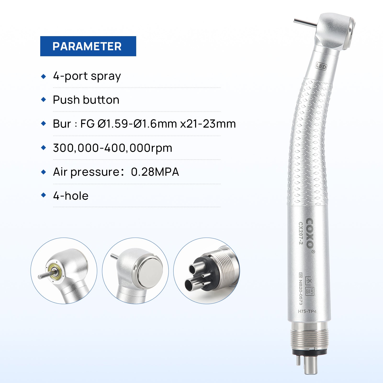 COXO CX207-2 Shadowless LED High Speed Air Turbine Handpiece with Generator Torque Head 4 Holes Coupler #H75-TP4 - pairaydental.com