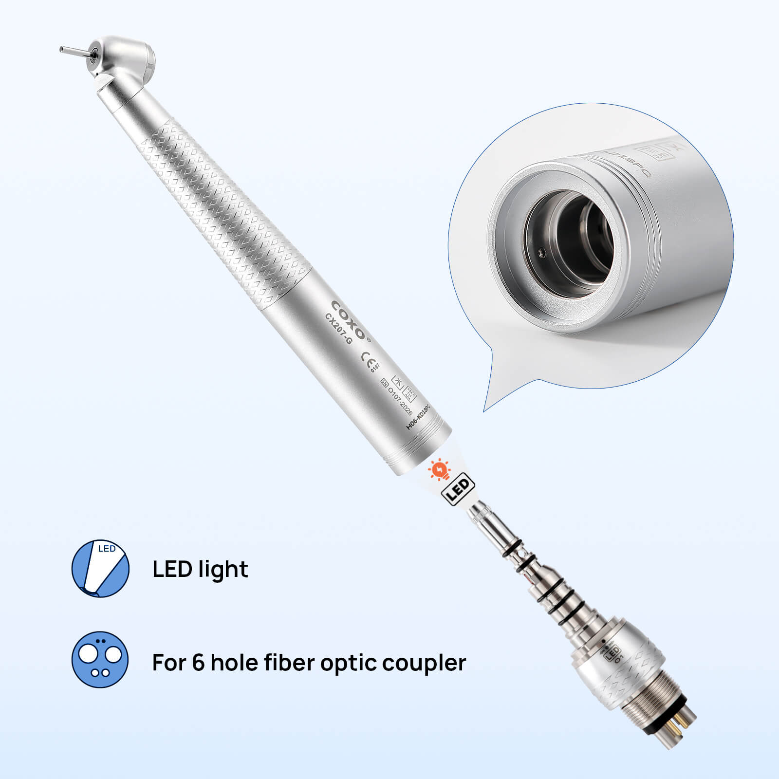 COXO CX207-G 45° Fiber Optic High Speed Air Turbine Handpiece & 6 Holes LED Quick Coupler