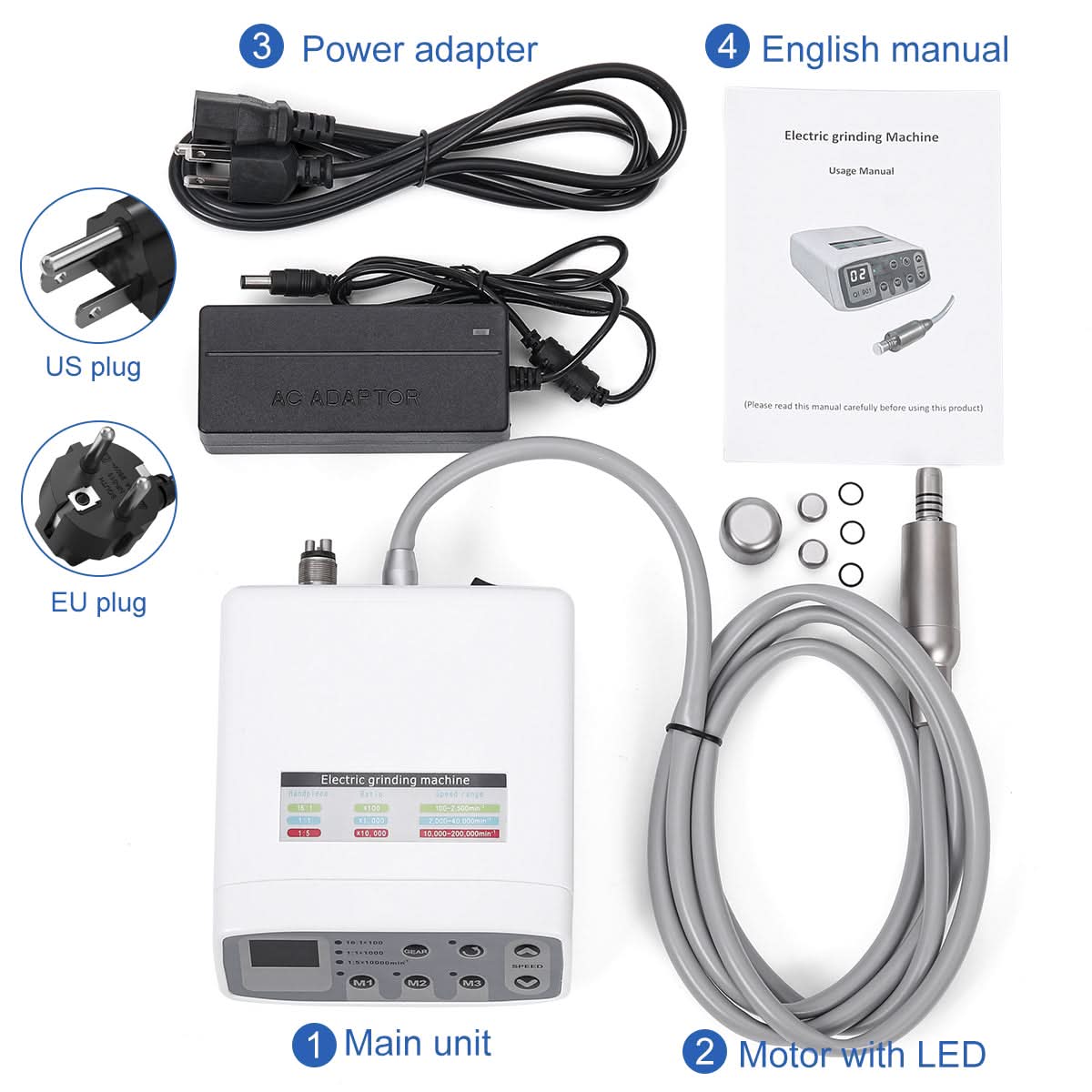 4 Hole LED Brushless Electric Micro Motor 1:1/1:5/16:1 Internal Spray 3 Memory Mode Integrated Handpiece Tube - pairaydental.com
