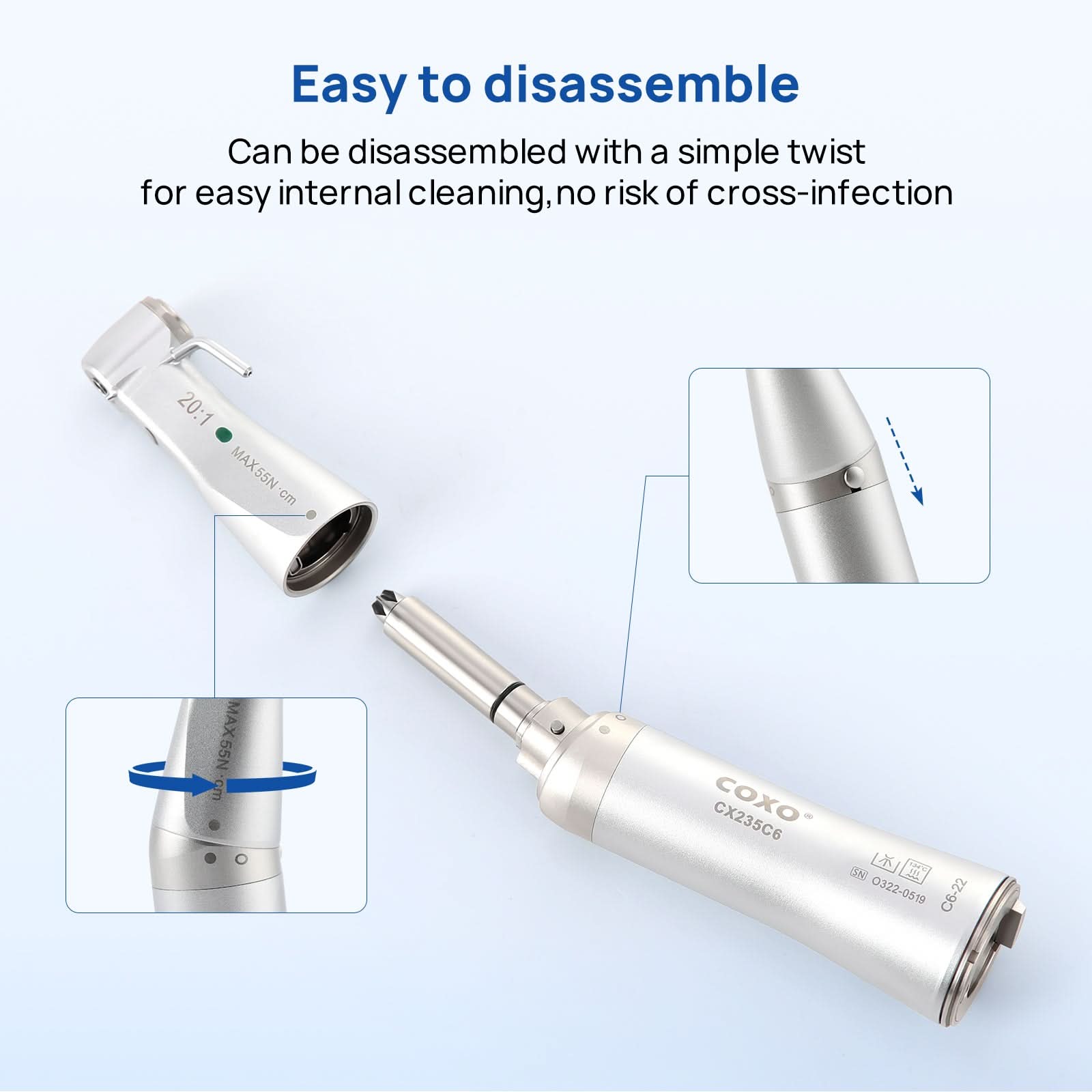 COXO CX235C6 Dental 20:1 Contra Angle Electric Implant Handpiece Fiber Optic #C6-22 - pairaydental.com