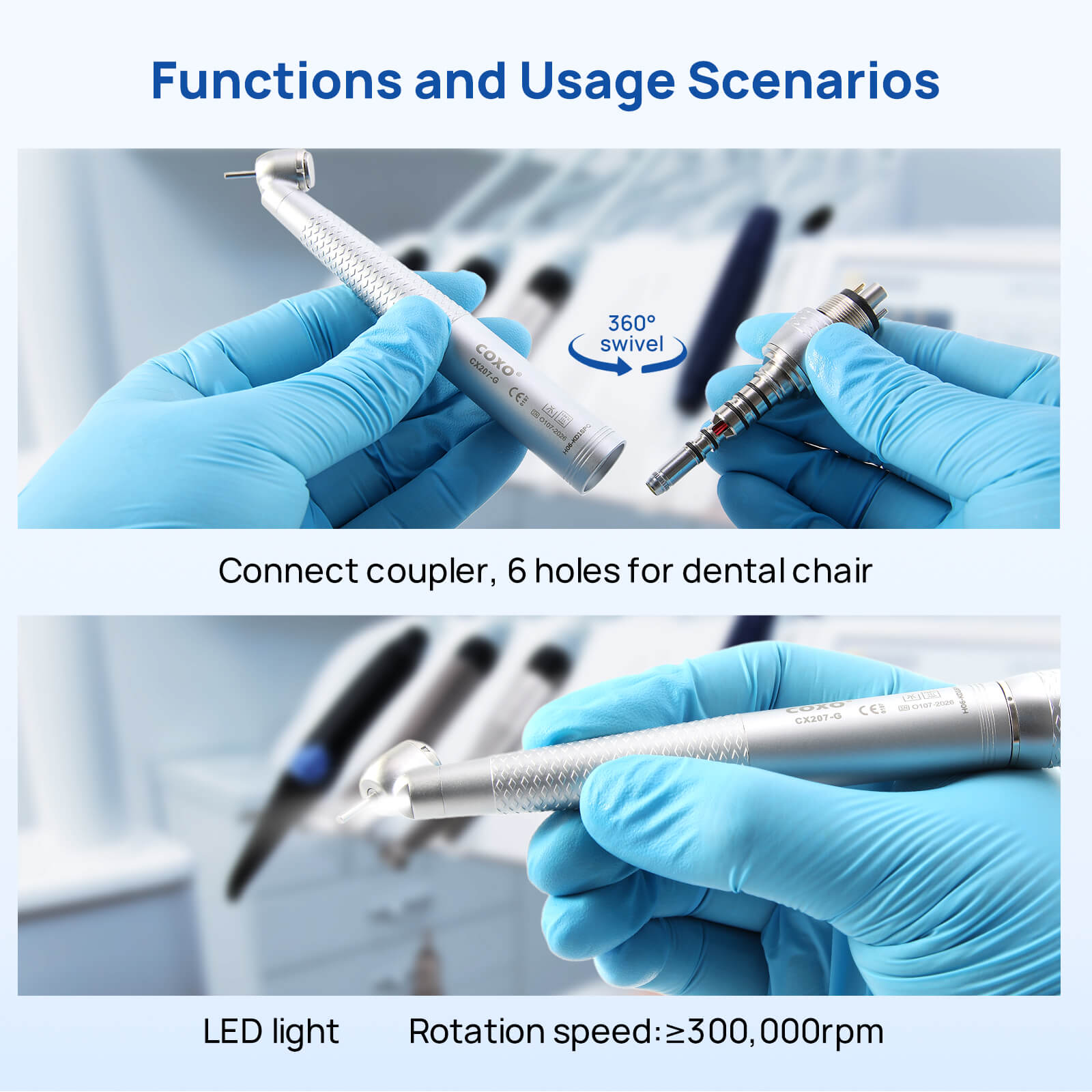 COXO CX207-G 45° Fiber Optic High Speed Air Turbine Handpiece & 6 Holes LED Quick Coupler