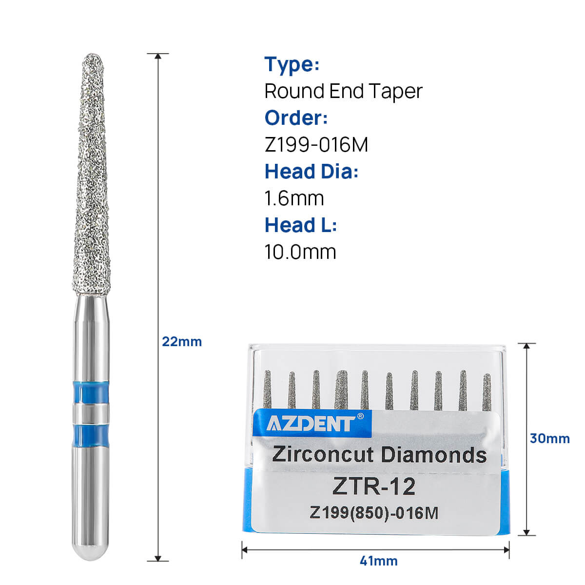 Dental Diamond Burs ZTR-12 (850-016M) for Zirconia/Ceramic Prep 10pcs/Box - pairaydental.com