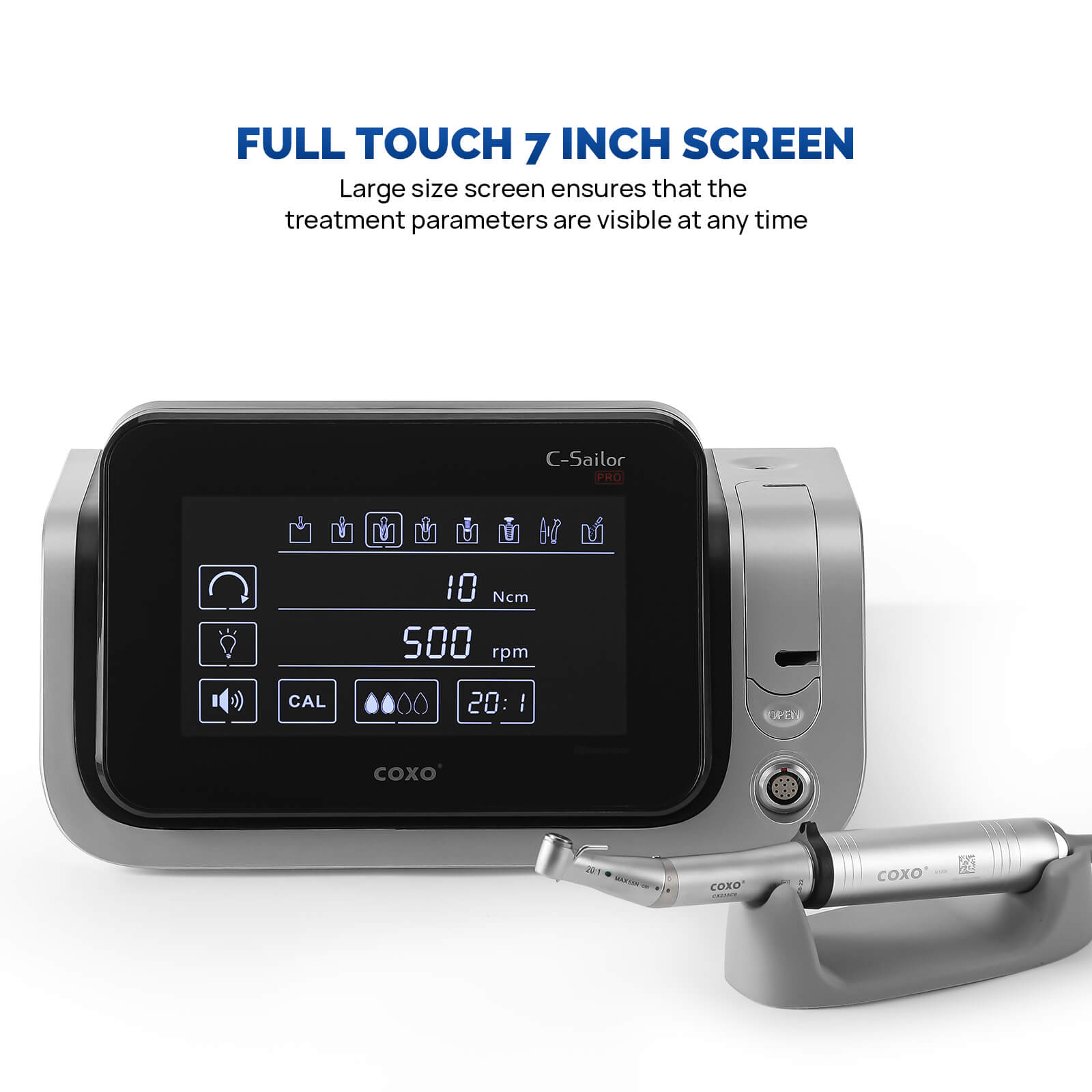 COXO Dental Implant Motor With 20:1 Fiber Optic Contra Angle Handpiece 7" Touch Screen #C-SAILOR PRO - pairaydental.com