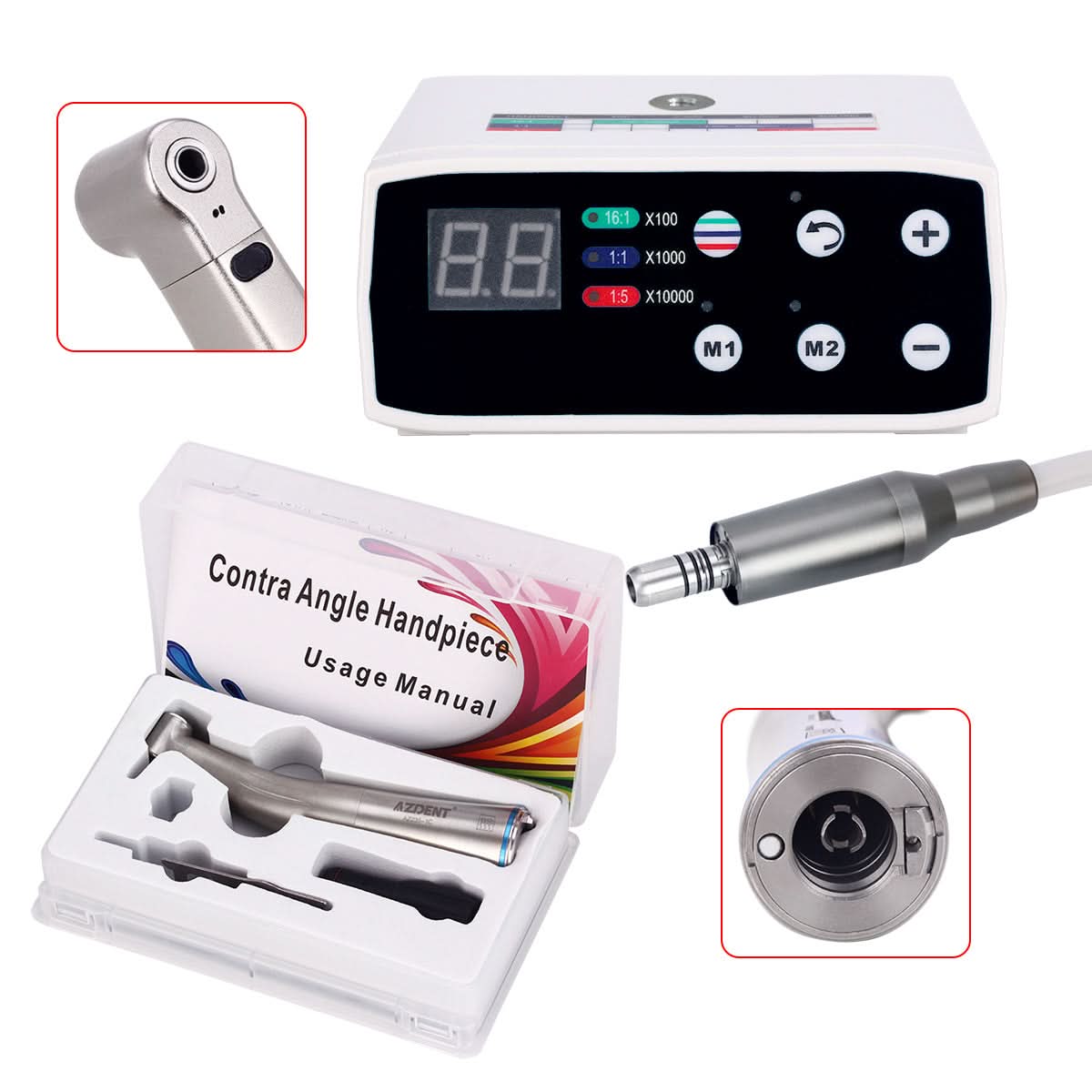 LED Brushless E Type Electric Micro Motor + 1:1 LED Fiber Optic Push Contra Angle Handpiece - pairaydental.com