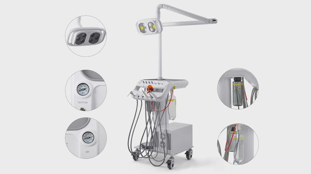 Portable Mobile Dental Cart with T6 LED Lamp & Integrated Compressor 4-Hole Built-in Woodpecker Scaler & Curing Light - pairaydental.com