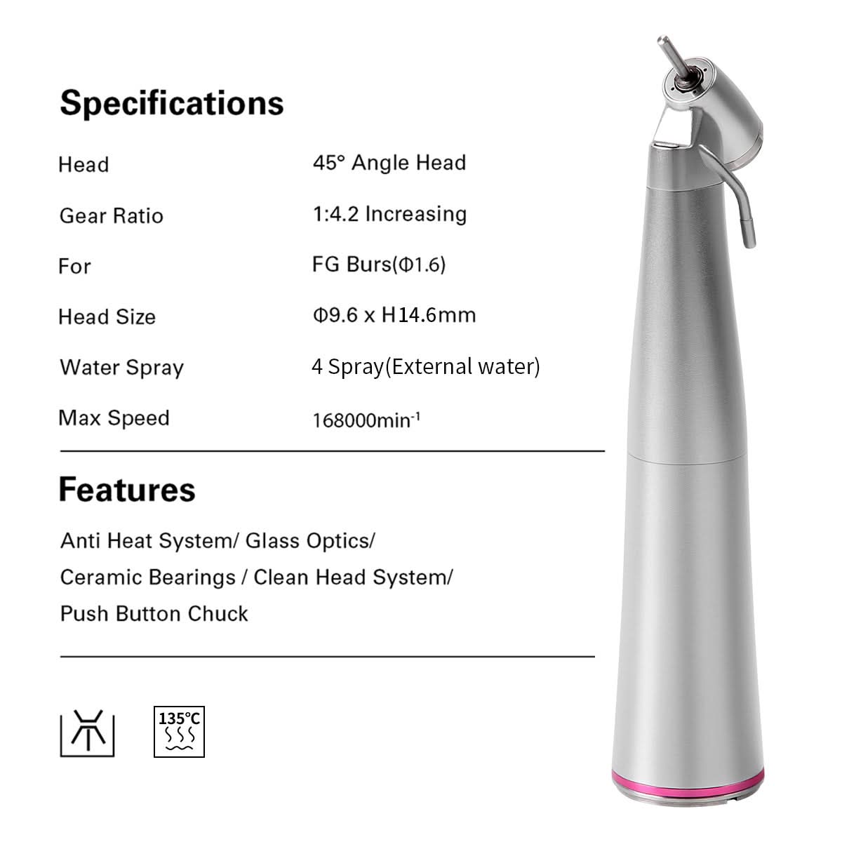 1:4.2 Electric Contra Angle Handpiece 45 Degree Fiber Optic External Water - pairaydental.com