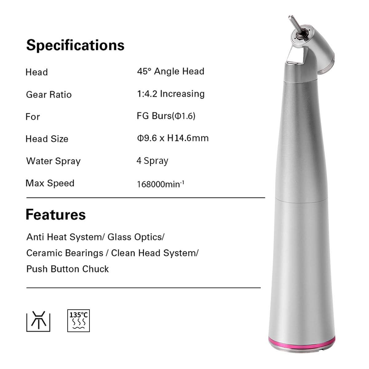 1:4.2 Dental Electric Handpiece 45 Degree Contra Angle Internal Water Fiber Optic - pairaydental.com
