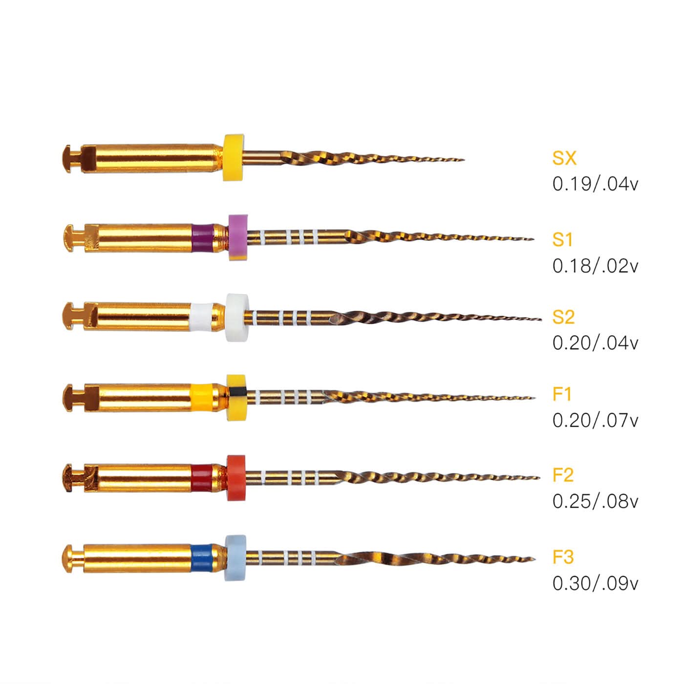 Endo NiTi Rotary Files Gold Taper 25mm Assorted SX-F3 6pcs/Pk - pairaydental.com