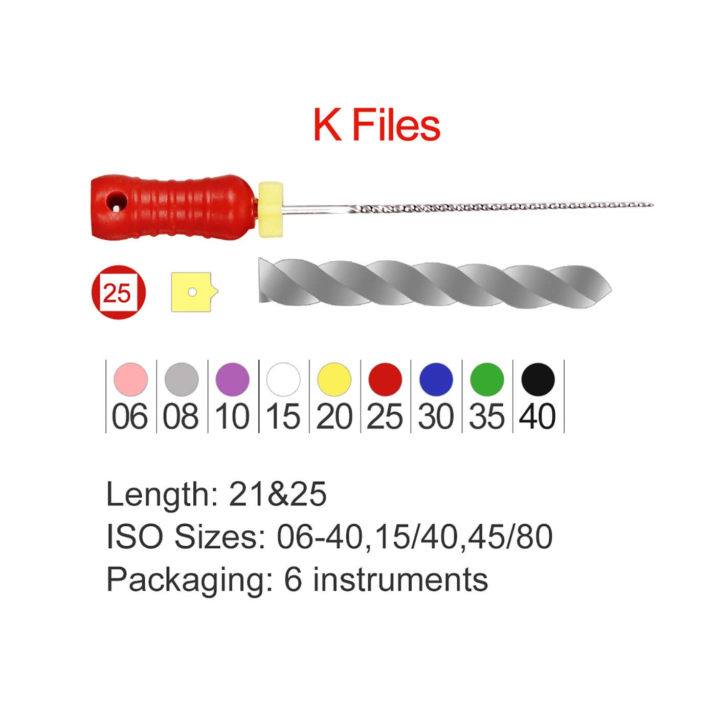 Dental Hand Use K-Files Stainless Steel #15-80 25mm 11 Models 6pcs/Pk - pairaydental.com