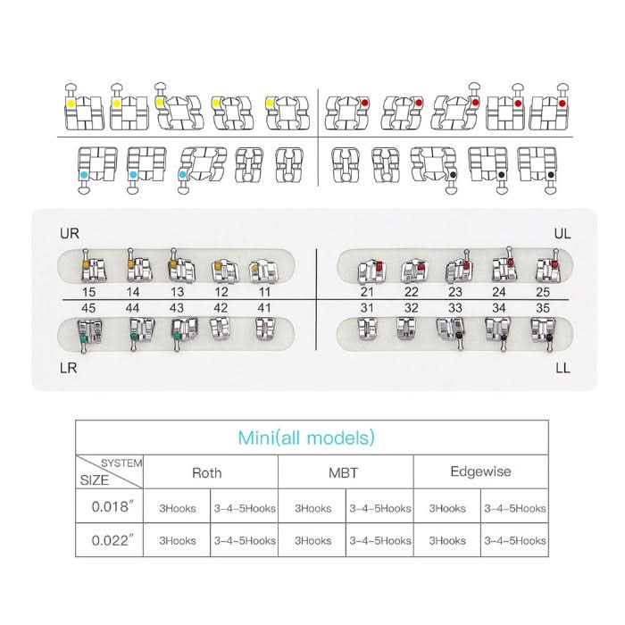 Orthodontic Mini Metal Brackets Roth/MBT/Edgewise 0.018/0.022 Hooks 3/3-4-5 20pcs/Box - pairaydental.com